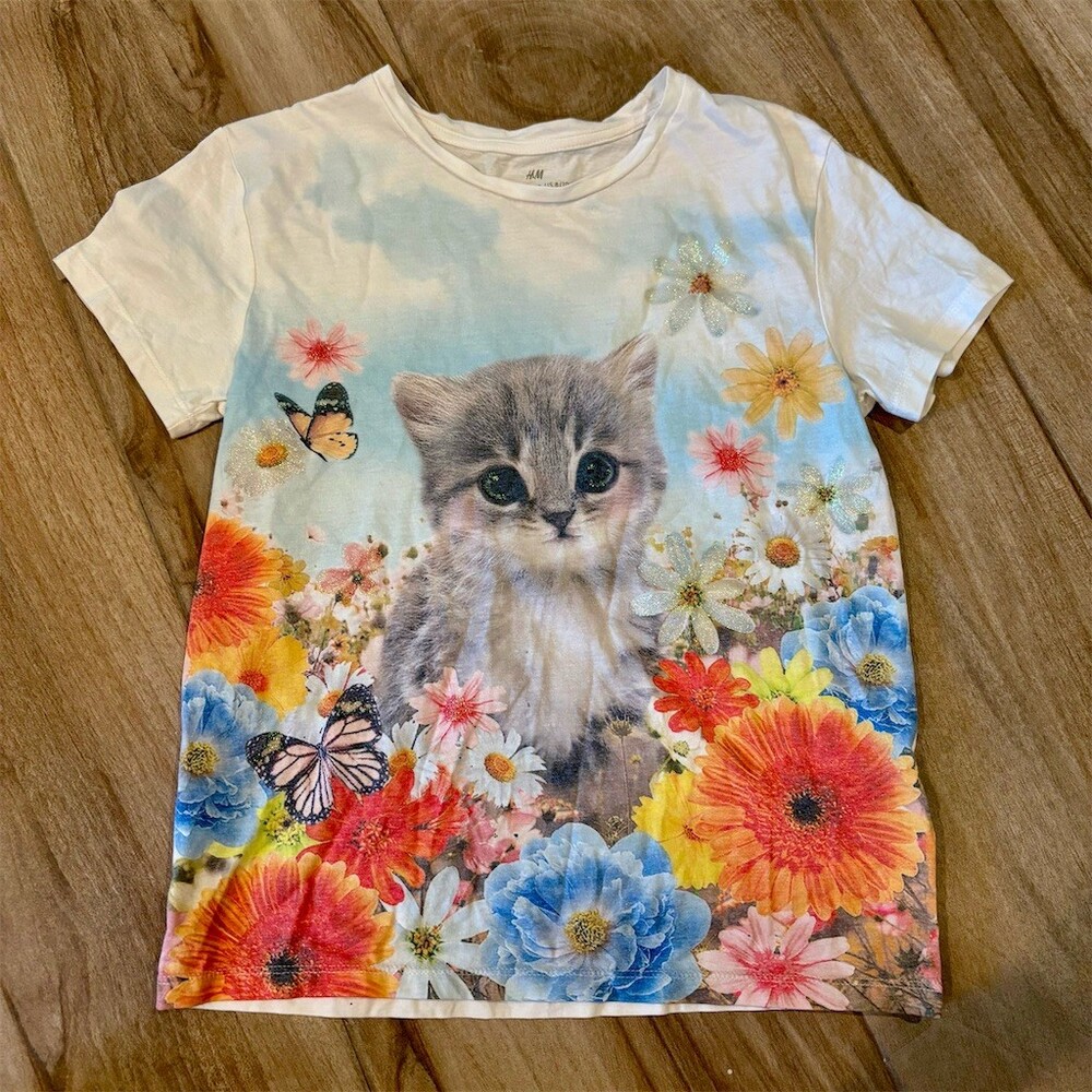 H&M Girls T-Shirt Size 8-10 White Kitten Floral Butterfly Glitter Graphic